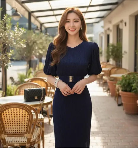 Vestido  Coctel Fiesta Mangas Cinturón Va 436 Azul L