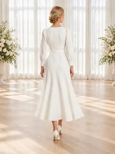 Vestido midi blanco novia civil corte princesa