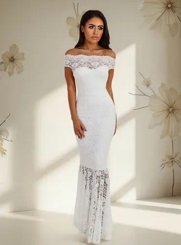 Vestido Largo Fiesta Blanco Sirena  Encaje Ve 63 Blanco M