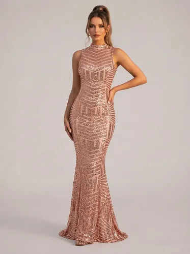 Vestido largo lentejuelas dorado corte sirena