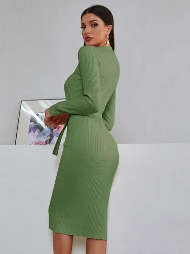 Vestido De Punto Ajustado Jersey Canalé Manga Larga Vt 06 Verde Xl