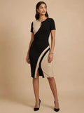 Vestido midi bodycon blanco y negro cuello redondo