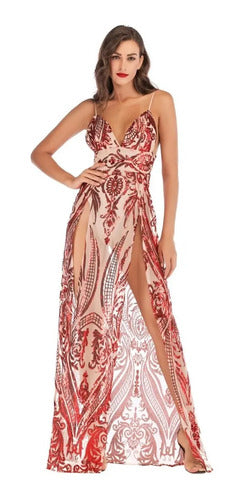 Vestido Sexy Transparencia Lentejuelas Body Vl 36 Rojo L