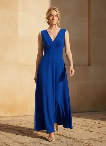 Vestido largo azul y naranja evasé escote V
