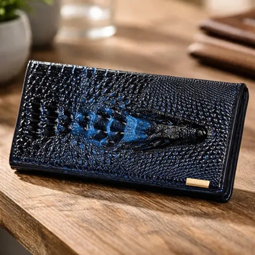Billetera de cuero azul y marrón tipo cocodrilo