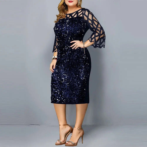 Vestido Fiesta Lentejuela Talla Grande Azul Negro Vg 78