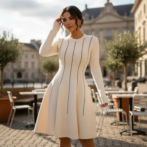 Vestido Tejido  Ajustado Coctel Punto Jersey Vt 10 Blanco Crema M