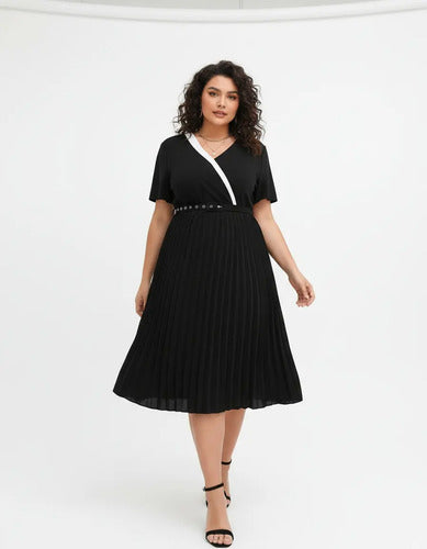 Vestido Fiesta Talla Grande Plisado Manga Vg 154 Negro 3xl