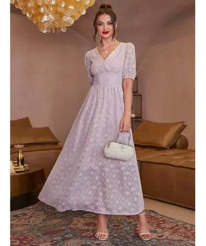 Vestido Largo Escote V Romántico  Va 571 Rosa S
