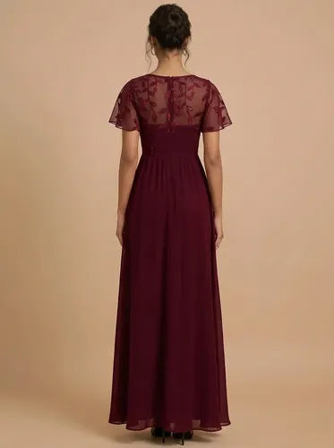 Vestido largo de fiesta gasa azul y bordo evasé