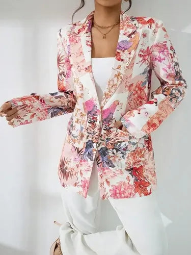 Blazer Forrado Estampado Floral Cuello Esmoquin Botones Bb 19 Rosa M