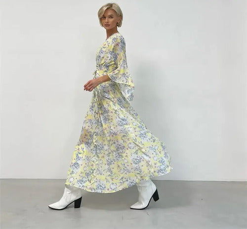 Vestido Largo Gasa Con Flores Vintage Femenino Vd 117