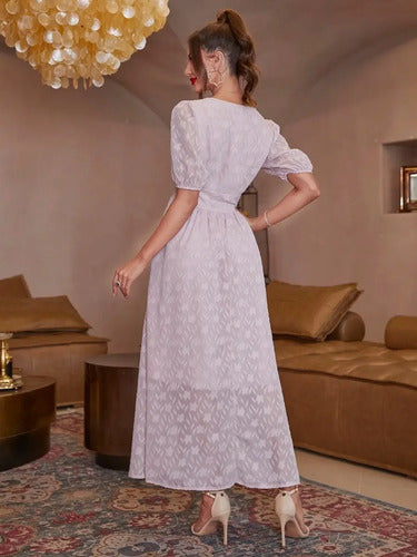 Vestido Largo Escote V Romántico  Va 571 Rosa S