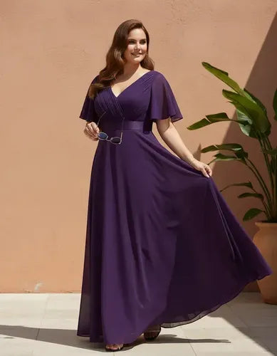 Vestido evasé largo al tobillo burdeo talla grande