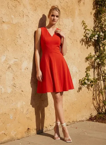 Vestido corto cóctel acampanado, negro y rojo