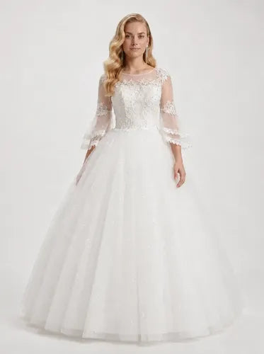 Vestido de novia princesa manga 3/4 cuello redondo