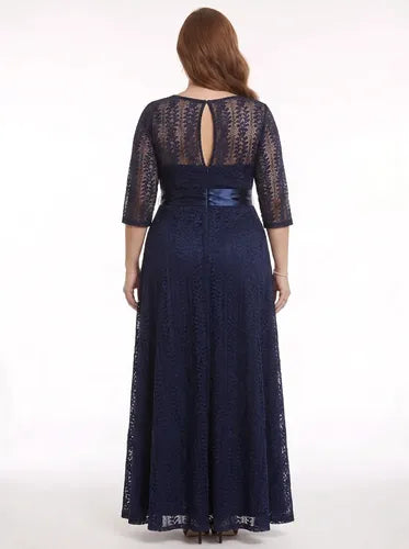 Vestido largo violeta de encaje manga larga