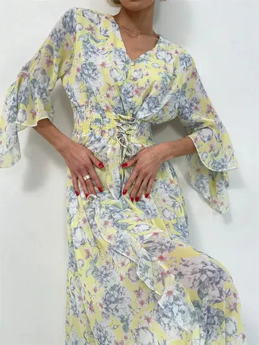 Vestido Largo Gasa Con Flores Vintage Femenino Vd 117