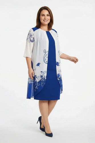 Vestido midi azul floral evasé talla grande