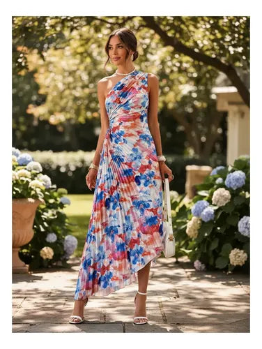 Vestido Plisado Escote Cruzado Sin Mangas Va 516