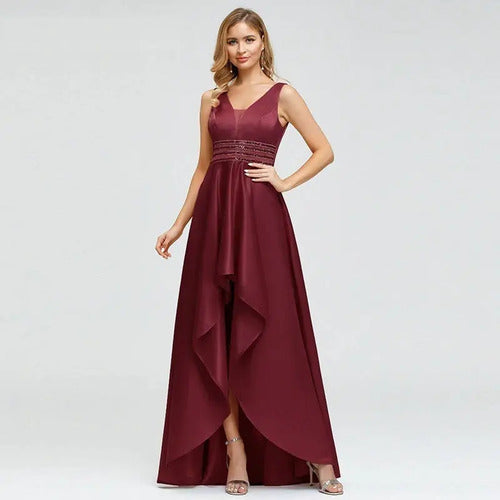 Vestido Fiesta Largo Asimetrico Burdeo Ep 169