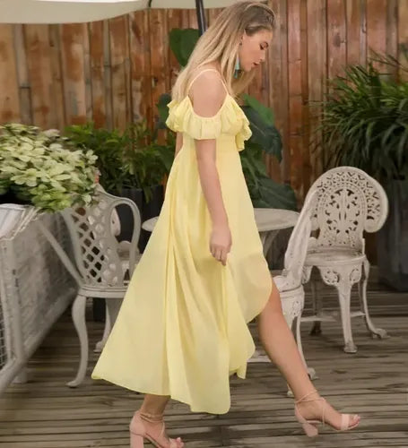 Vestido Amarillo Escotado Maxi Bohemia Asimétrico Gasa Vd 85