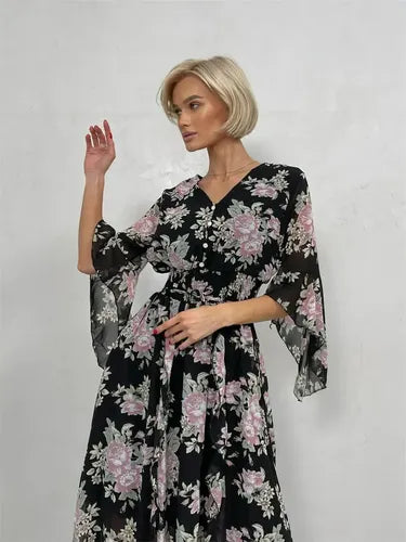 Vestido Largo Gasa Con Flores Vintage Femenino Vd 117