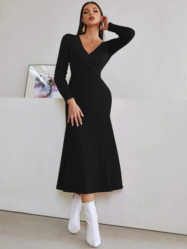 Vestido De Punto Cuello Cruzado Jersey Canalé Vt 01