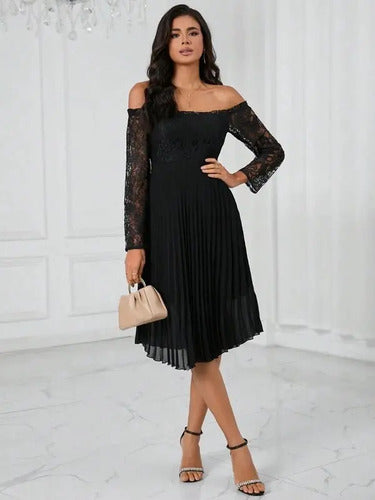 Vestido Hombros Descubiertos Manga Larga Encaje Va 598 Negro S