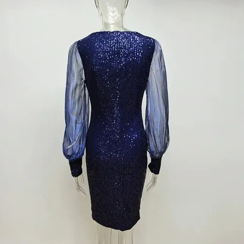 Vestido Fiesta Lentejuelas Azul Manga Larga Vl 30