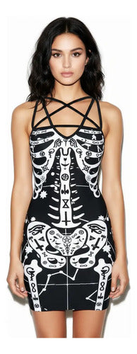 Vestido Negro Print Esqueleto  Vd 35 Negro M