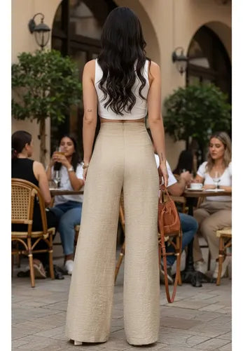 Pantalon Mujer Cintura Alta Pierna Ancha Pt 14 Beige Xs