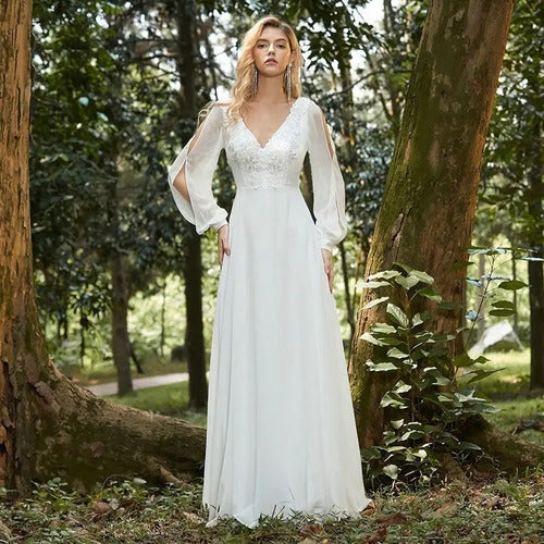 Vestido De Novia Bohemio Gasa Aplique Encaje Delpilar Np 13