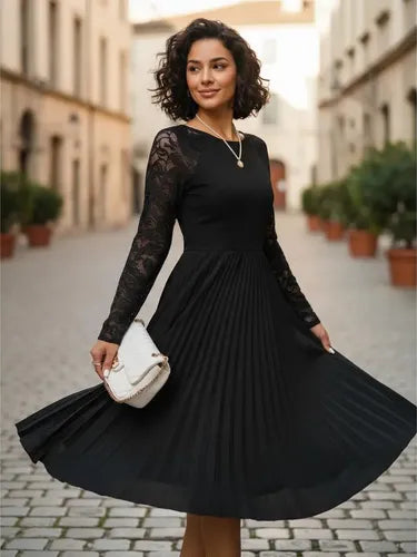Vestido Plisado Cuello Redondo Manga De Encajes Va 499