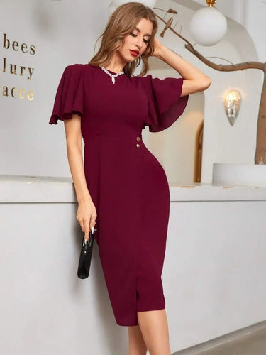 Vestido Gasa Largo Ajustado Cuello Redondo Va 498 Rojo M