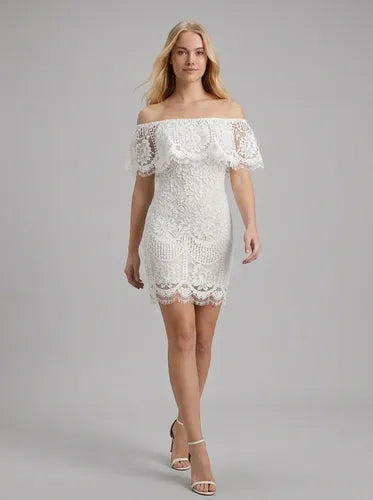 Vestido corto blanco encaje cuello bote sin mangas