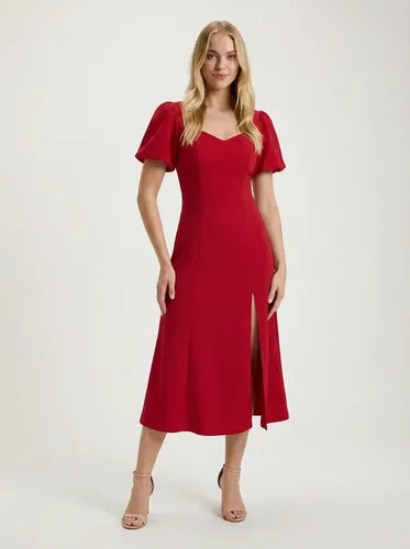 Vestido midi rojo vintage manga farol