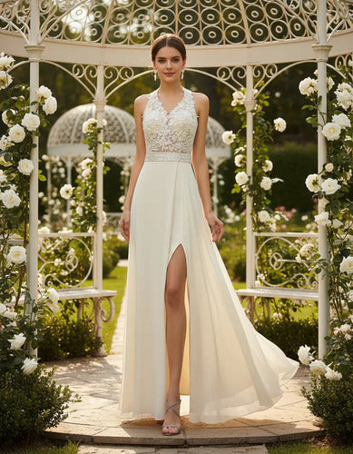 Vestido de novia princesa halter en tono crema