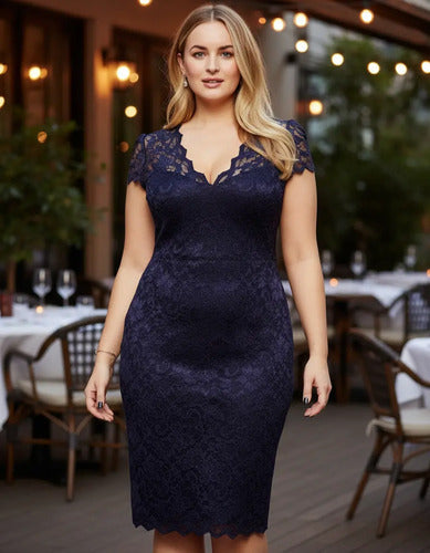 Vestido Azul De Encajes Modelo Ve 49 Azul Oscuro L