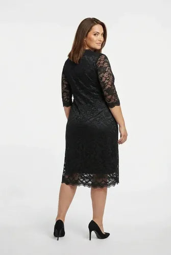 Vestido midi azul y negro encaje escote V evasé