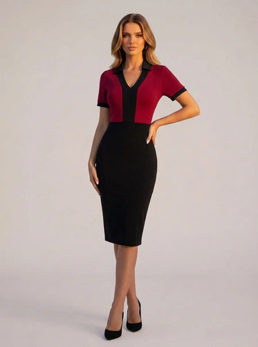 Vestido midi rojo tubo oficina cuello camisero