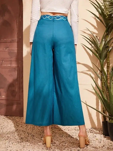 Pantalón Mujer Pierna Ancha Talle Alto Con Cinturón Pt 03 Verde S