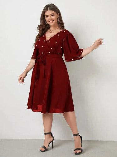 Vestido Fiesta Talla Grande Gasa Con Perlas Manga Vg 100