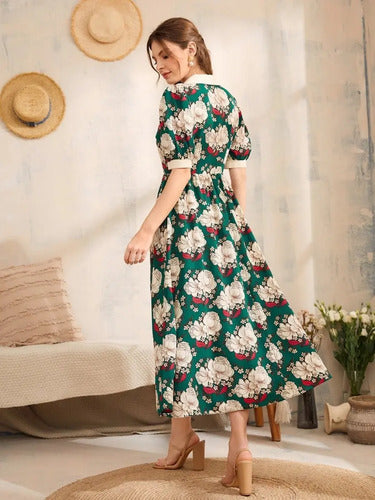 Vestido Largo Estampado Romántico Va 573 Verde Xl