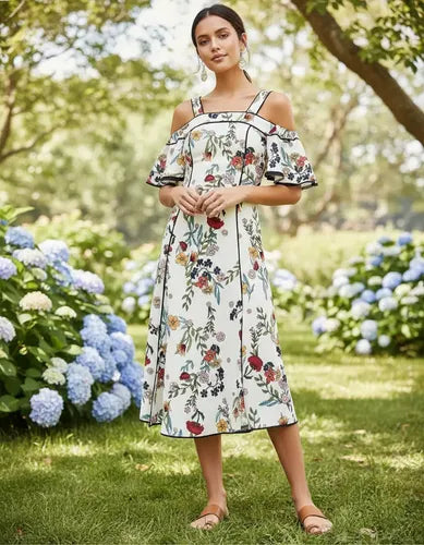 Vestido Floral Boho Hombros  Va 365 Blanco Xs