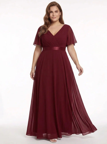Vestido evasé largo al tobillo burdeo talla grande