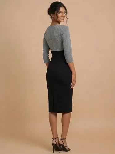 Vestido midi blanco y gris bodycon escote cruzado