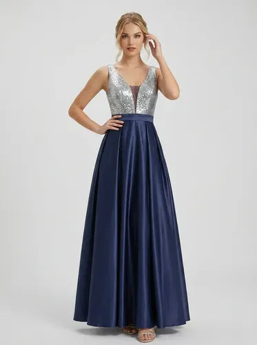 Vestido largo de fiesta evasé con lentejuelas