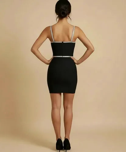 Vestido corto negro vendaje elasticado ajustado de fiesta