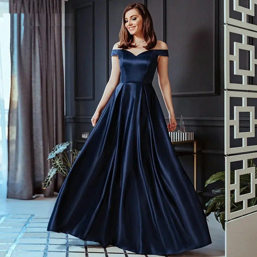 Vestido Largo Satén Fiesta Hombros Descubiertos Ep 141 Azul Oscuro 8